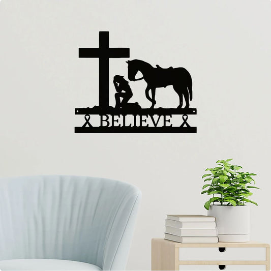 Kneeling Horse Girl Faith Believe Cross Monogram Cowgirl Praying at Cross Custom Metal Art Wall Sign - CuteBlueDesignCo