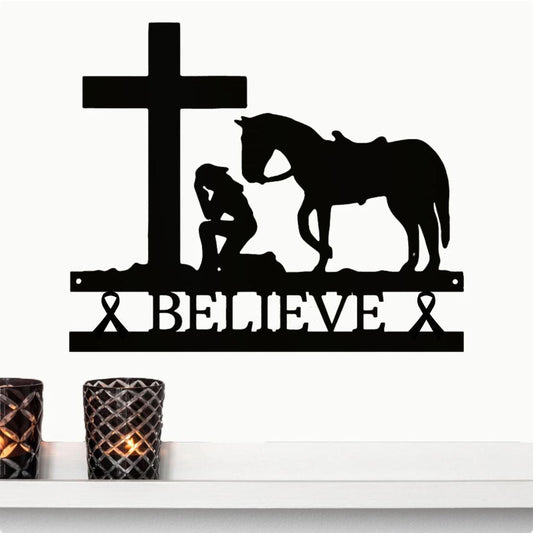 Kneeling Girl Faith Monogram Cancer Ribbon Believe Cowgirl Praying at Cross Horse Custom Metal Art Steel Sign - CuteBlueDesignCo