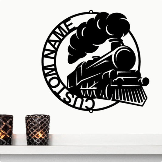 Classic Train Ring Monogram Custom Name Metal Art Wall Steam Locomotive Man Cave Kid Room Office Home Decor Housewarming Gift Steel Sign - CuteBlueDesignCo