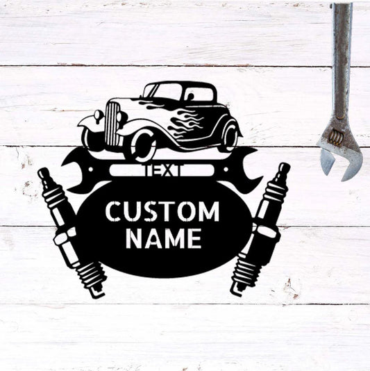 Custom Name Hot Rod Mechanic Metal Art Steel Wall Sign - CuteBlueDesignCo